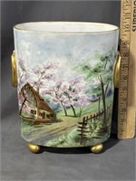GUERIN Limoges cabin scene Footed CachePot
