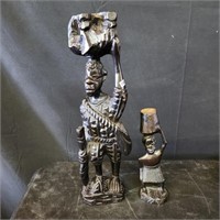 2 Wooden African Men with Baskets Statues