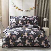 $40 (Q)3Pcs Comforter Set Gray Unicorn