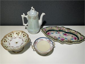 Antique Chocolate Pot & 3 Nippon Dishes