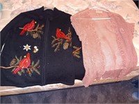 2 vintage sweaters and 2 vintage brooches.