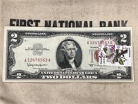 STAMPED 1963 $2 TWO Dollar Note FINE Red Seal