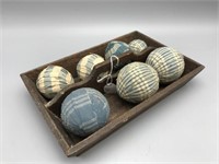 Early wood cutlery box and cloth covered  balls