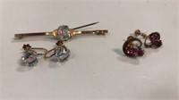 14K Gold Antique Art Deco Brooch Earring Set and