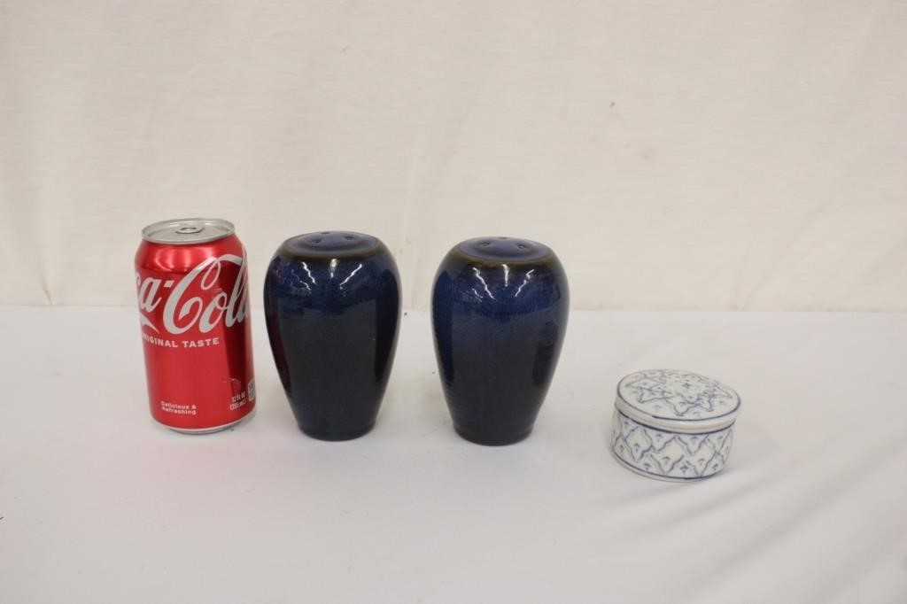 Blue Stoneware S & P Shakers w/ Trinket Box