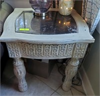 MARBLE TOP CARVED DISTRESSED END TABLES