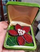 Antique beaded brooch poinsettia Christmas