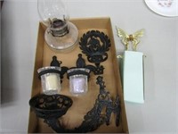 Cast iron Candle holders and oil lamp & base.