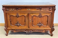 STUNNING FRENCH CARVED WALNUT MARBLE TOP CREDENZA
