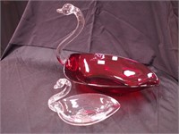 Two crystal swan dishes: one 14" long with