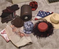 Box of vintage hats, trash can, etc