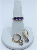 10K RING AND PIERCED EARRINGS W/ AMYTHEST STONES