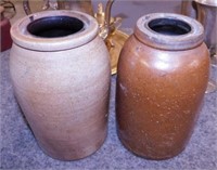 2 antique salt glazed crock canning jars, 8.5"