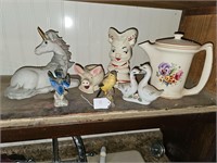 Various animal figurines and teapot