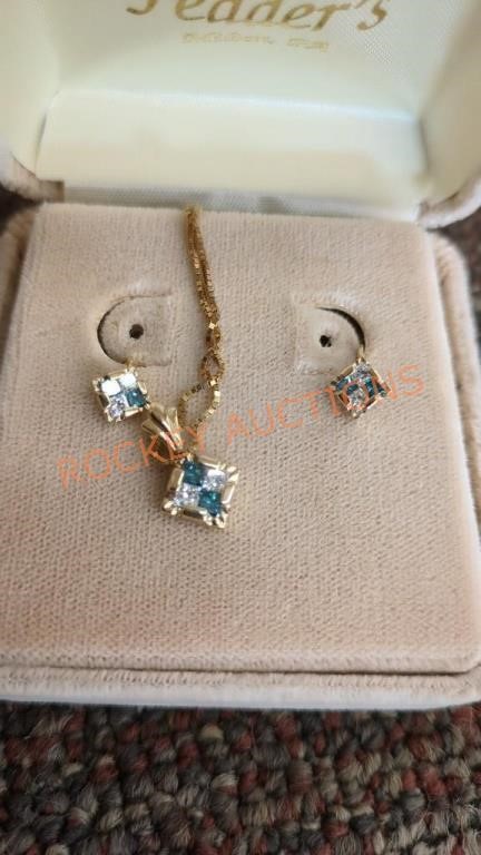 Necklace and earring set diamond with sapphires