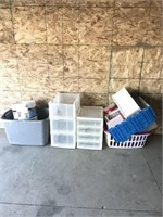 Plastic organizers and totes, clothes baskets