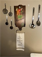 recipe box, utensils, towel and holder