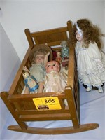 WOODEN ROCKING CRADLE, CELLULOID DOLL, ANTIQUE