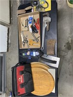 Tools, tool bag, steel axe head, toilet seat