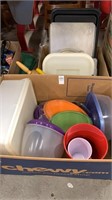 2 boxes of Tupperware, cookie sheets and other