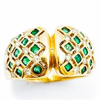 Wide Emerald & Diamond 18k Gold Band Ring
