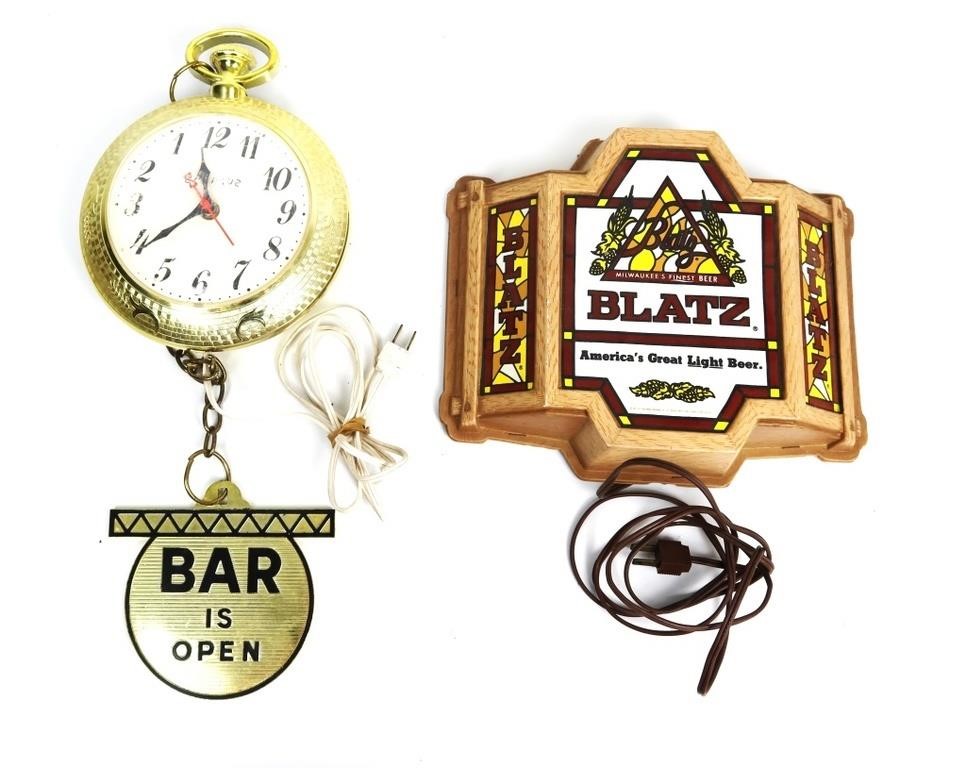 BLATZ BEER LIGHTED SIGN AND BAR CLOCK