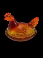 Vintage Amberina Glass Mini Chicken Hen on Nest