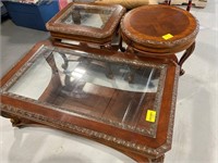 MATCHING CARVED WOOD COFFEE TABLE, GLASS TOP END