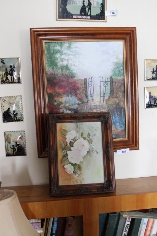 Group of framed paintings on canvas and board.