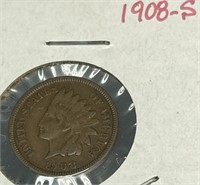 Copper U.S. Indian Head One Cent 1908-S