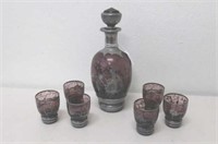 Deco silvered amethyst glass decanter set