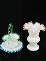 LOT OF 3 PC FENTON? VASE & MORE ALL CLEAN 7 IN TL