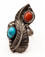 Navajo Sterling Turquoise Coral Ring Sz. 8