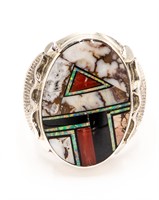 Signed AT Navajo Sterling Stone Inlay Ring Sz 12.5