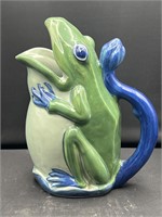 Heavy Vintage Ceramic Green And Blue Frog Pitcher