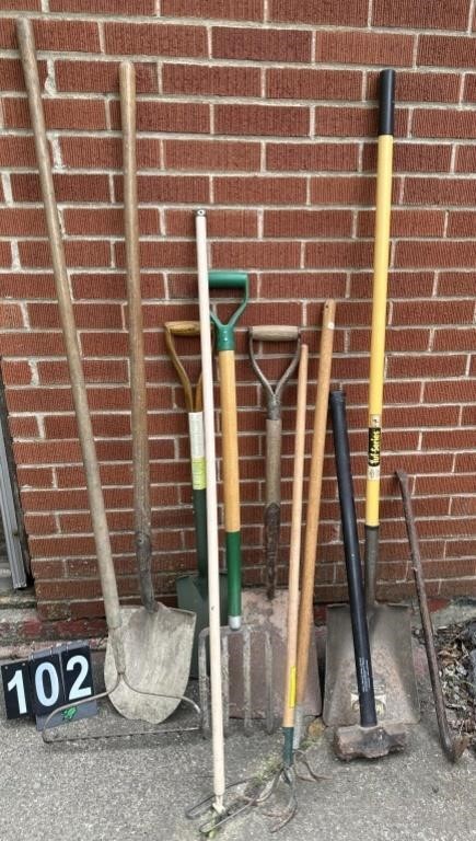 Metal Shovels, Rakes, Sledge Hammer, and Crow Bar