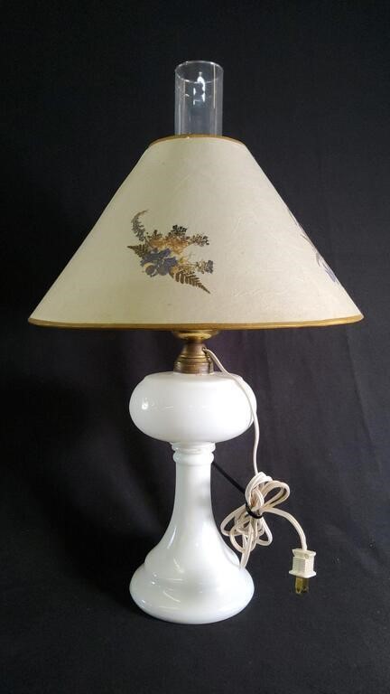 Vtg Milk Glass Lamp with Floral Pattern Shade