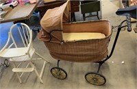 Antique baby rocking carriage and highchair