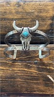 Western Silver Bracelet w Cow Skull & Blue Stone