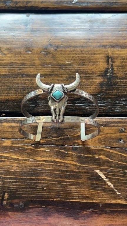 Western Silver Bracelet w Cow Skull n Blue Stone