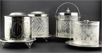 Group of 4 Biscuit Barrels. Cut Glass Silver Plate