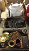 GROUP W/ BRASS ITEMS & 2 BX OF COLLECTOR PLATES