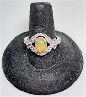 Sterling Etheopian Fire Opal/CZ Halo Ring 3 Grams