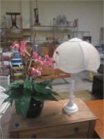 White Wicker Table Lamp & Pink Flowers