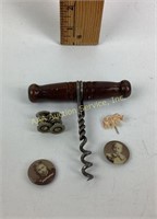 Cork screw with wooden handle, GOP vintage pin,