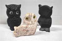 Vtg Marble, Coal and MCM Obsidian Carved Owls