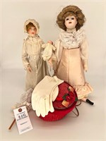 Collectible dolls, stands, Embroidered Gloves, box
