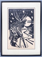 Signed Native American Dancer Woodcut Print