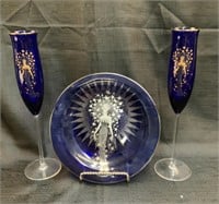 Erte, Blue Collectors Plate and Champagne Flutes