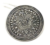 Sterling silver Aztec calendar pin, signed,